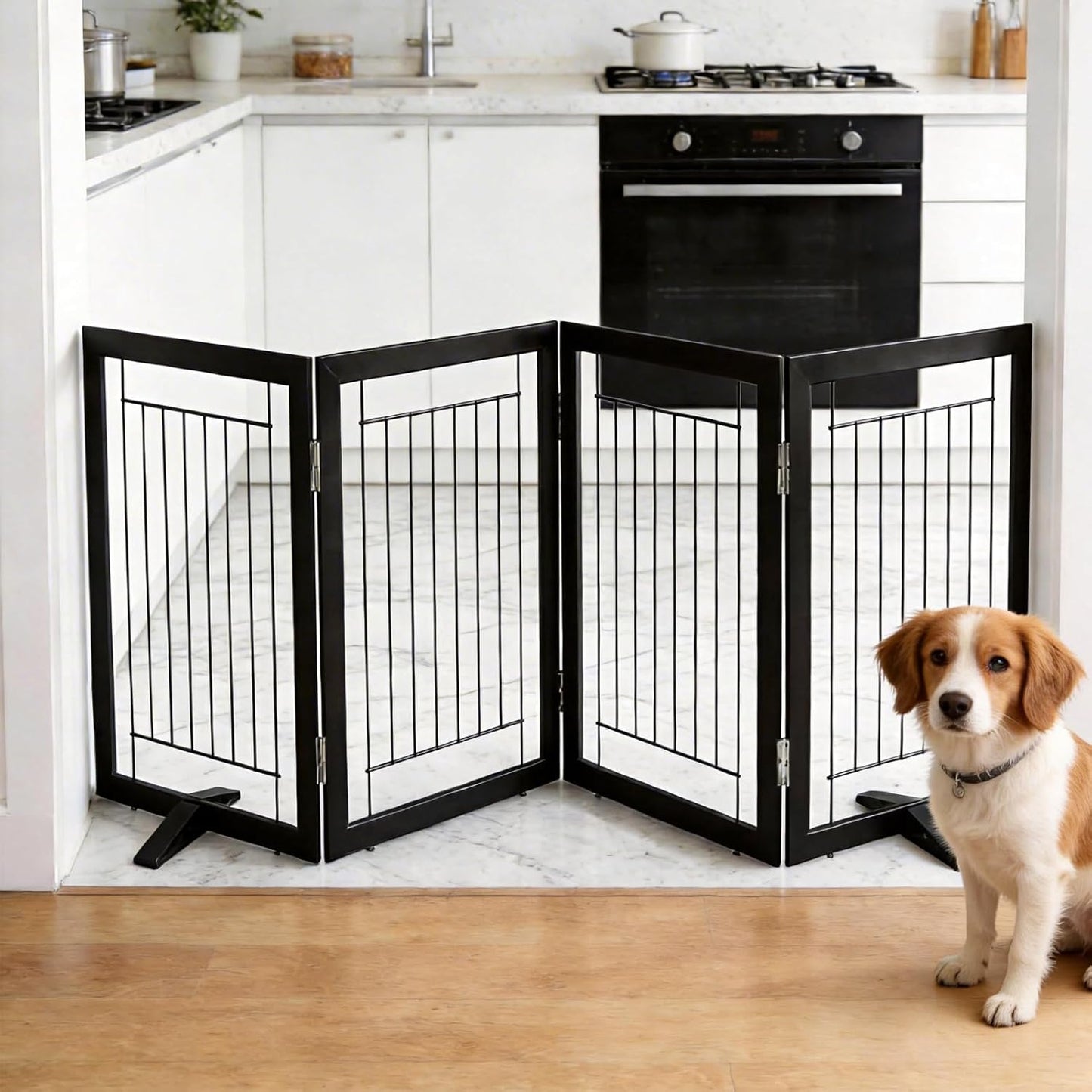 ZJSF Freestanding Dog Gate Indoor, Foldable Dog Fence for Doorways,Hallways or Stairs, Sturdy Wood Extra Wide Pet Gate with Support Feet,Black,24 "Height-3 Panels