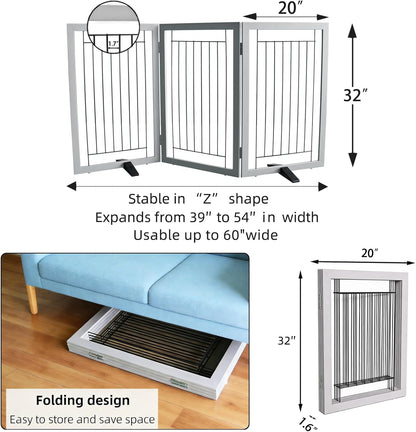 ZJSF Freestanding Dog Gate Indoor, Foldable Dog Fence for Doorways,Hallways or Stairs, Sturdy Wood Extra Wide Pet Gate with Support Feet,Black,24 "Height-3 Panels