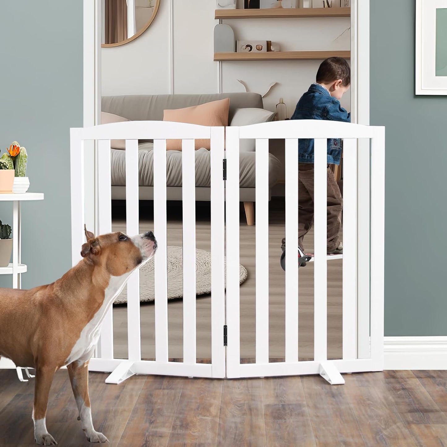 ZJSF Foldable Freestanding Indoor Dog Gate for House Wood White Long Pet Gates Dog Fence for Stairs Puppy Gates for Hallways,Pet Fence, Puppy Gate,Support Feet Included 24 "Height-3 Panels
