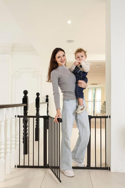 44.72"-46.89" Baby and Pet Safety Gate, 30" Tall Metal Walk-Thru Gate for Doorways & Stairs, Easy One-Hand Open, Dual Lock, Extensions & Wall Mounts Included (Brown, 29"-46" W x 30.5“H)