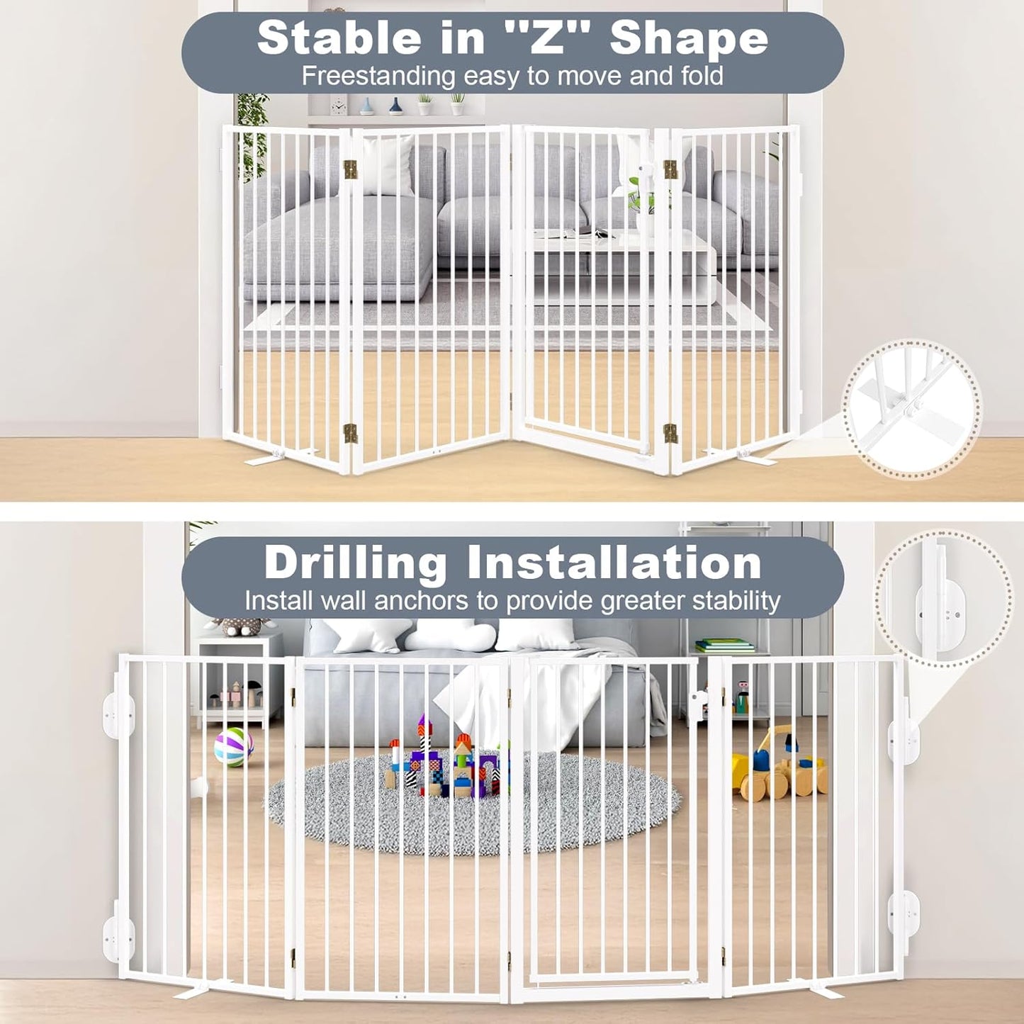 Metal Freestanding Dog Gates with Door for Outdoor Indoor,80'' Extra Wide 32'' Tall Free Standing Dog Gate for Doorways,Large Openings,Deck,Yard,Foldable Safety Pet Fence(Black,4 Panels)