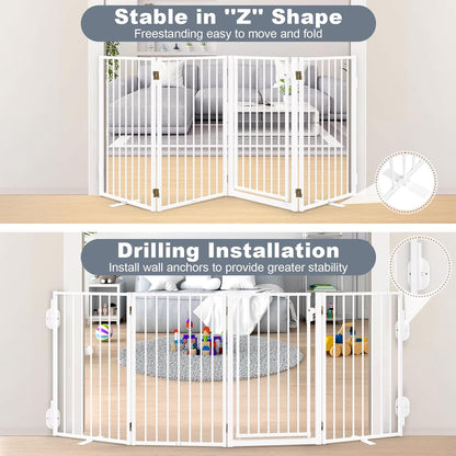 Metal Freestanding Dog Gates with Door for Outdoor Indoor,80'' Extra Wide 32'' Tall Free Standing Dog Gate for Doorways,Large Openings,Deck,Yard,Foldable Safety Pet Fence(Black,4 Panels)