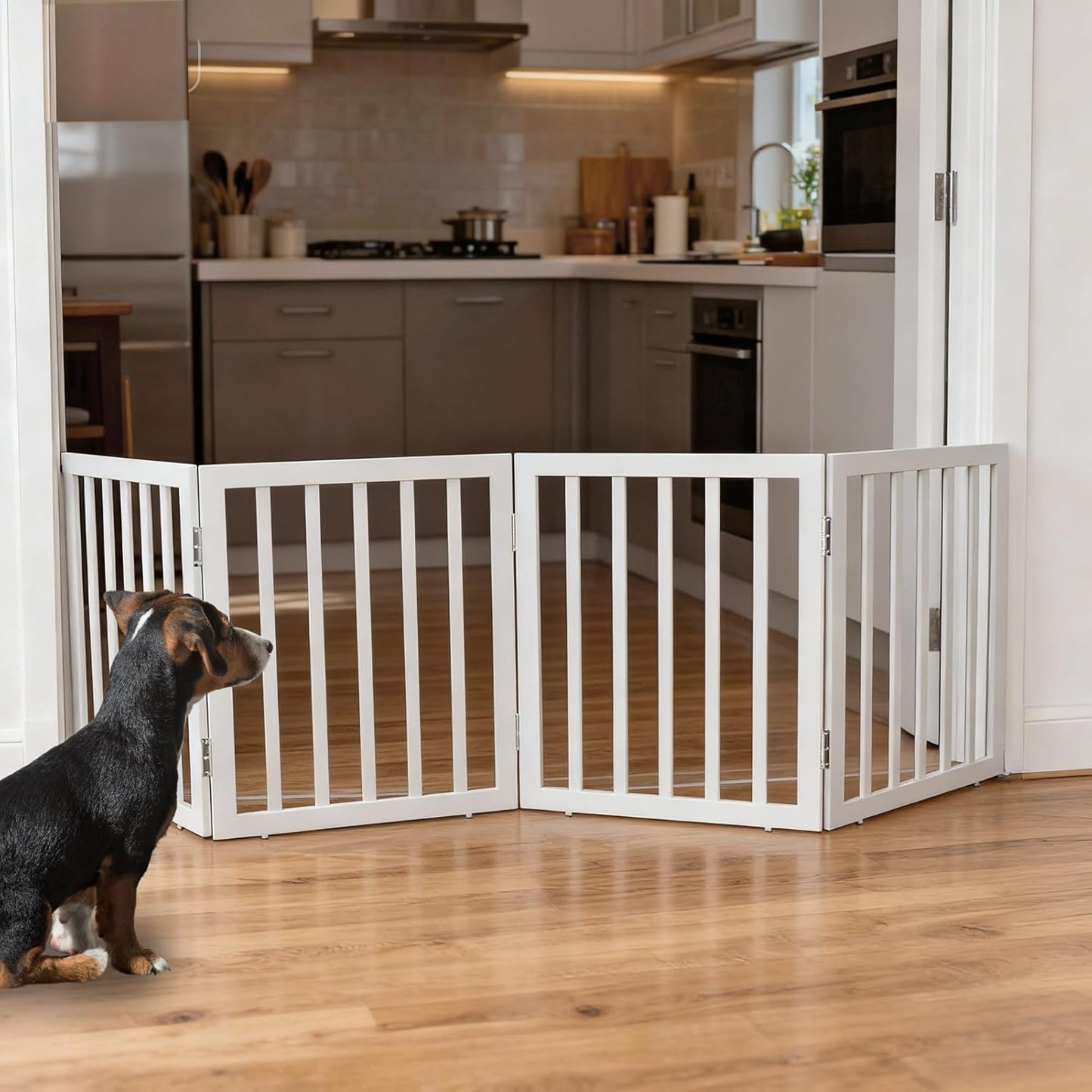 ZJSF Freestanding Indoor Dog Gate for House Foldable Wood Brown Puppy Gate for Doorways Pet Gate for Stairs Extra Wide Pet Fence 24" Height 2 Panels