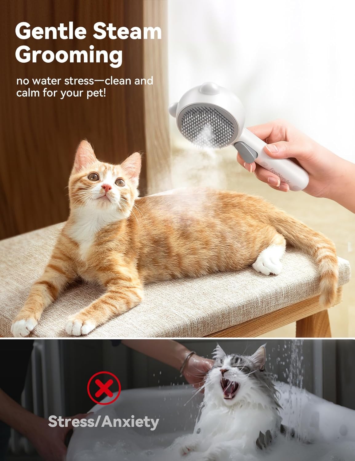 Pet Steam Brush for Dogs & Cats, Brushes for Indoor Cats with Release Button, Dual Speed Spray USB Rechargeable Grooming Supplies, Dog Brush for Shedding Suitable for All Long- and Short-haired Pets