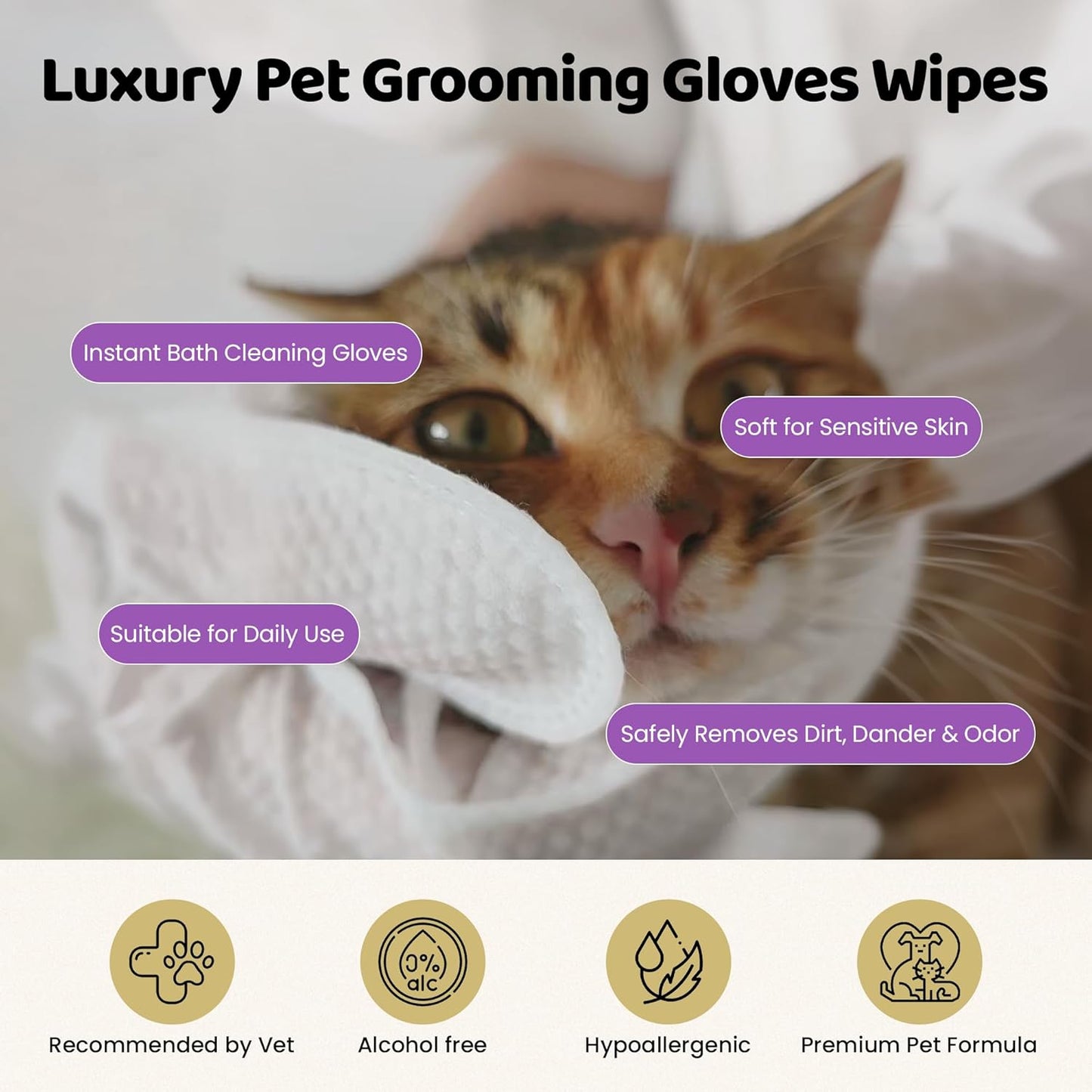 Premium Pet Grooming Glove Wipes for Dogs & Cats, 3X Thick No-Rinse Bathing Gloves, Hypoallergenic Deodorizing Paw & Body Cleaner, Natural Extracts to Hydrate & Nourish, 20 Count, Coconut Scent