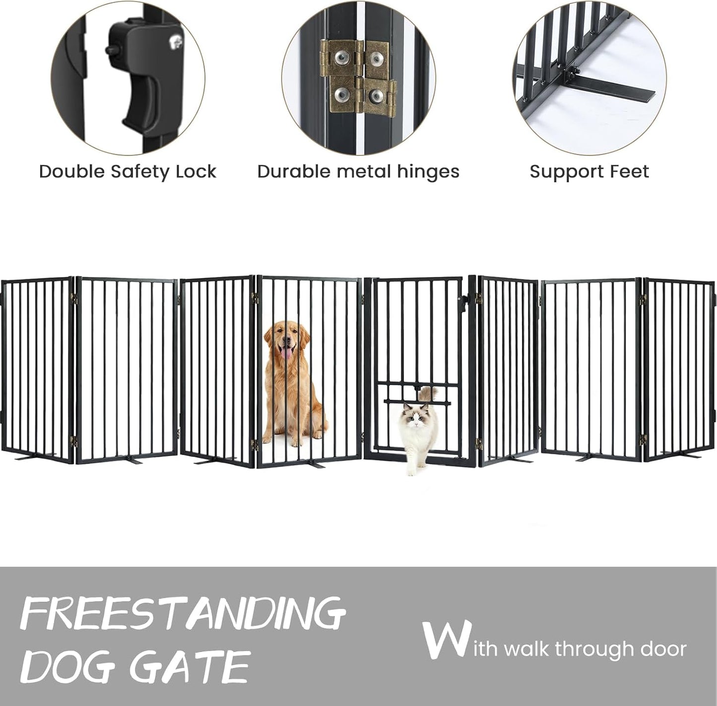 Metal Freestanding Dog Gate with Cat Door for Outdoor Indoor,80" Extra Wide Foldable Pet Fence,30" Tall Dog Gate for Large Opening,Stairs,Hallways,Doorways,Deck,Yard,with 3PCS Support(4 Panels,Black)