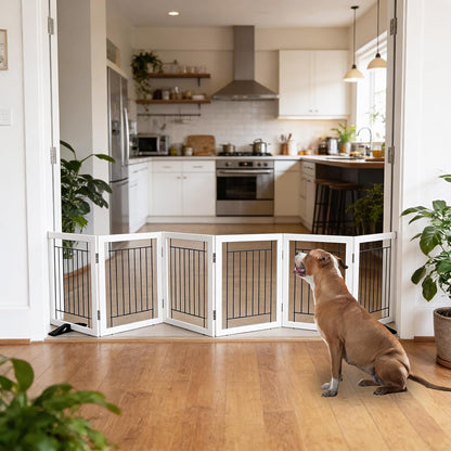 ZJSF Freestanding Dog Gate Indoor, Foldable Dog Fence for Doorways,Hallways or Stairs, Sturdy Wood Extra Wide Pet Gate with Support Feet,Black,24 "Height-3 Panels