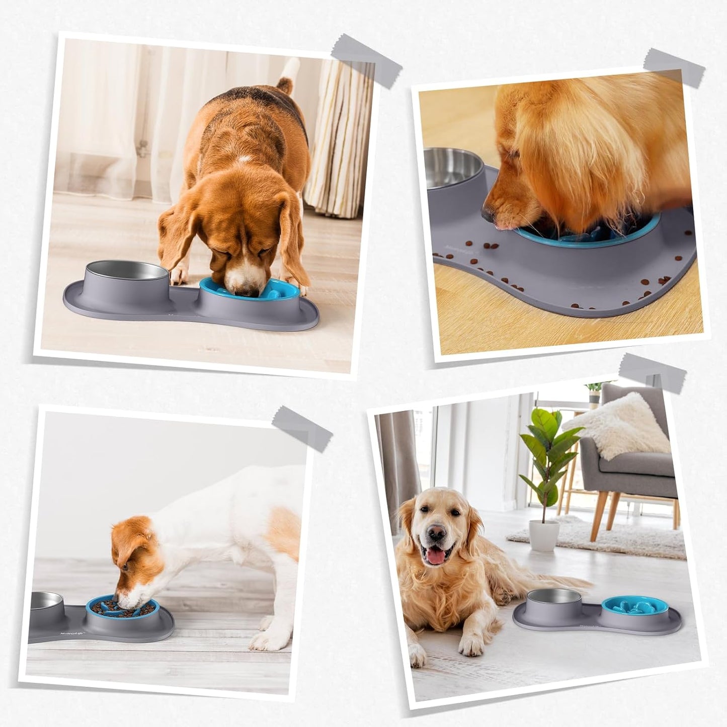 MateeyLife Dog Food and Water Bowl Set 3 in 1, Slow Feeder Dog Bowls & Stainless Steel Water Bowl with Non-Spill Silicone Mat, Cat and Puppy Bowls Pet Dishes for Small Medium Large Breed Anti-Choking