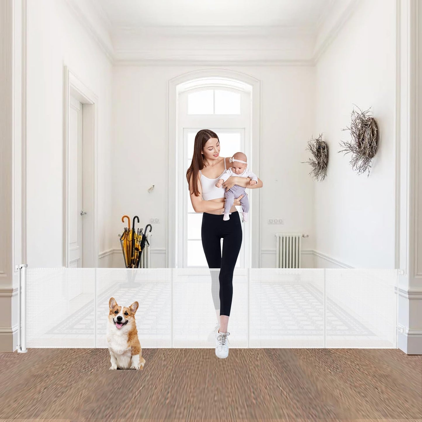24" Tall X 120" Extra Wide Retractable Baby Gates, Short Dog Gates to Step Over, Reinforced Long Mesh Pet Gate with Support Rods, Small Puppy Gates for The House, Grey