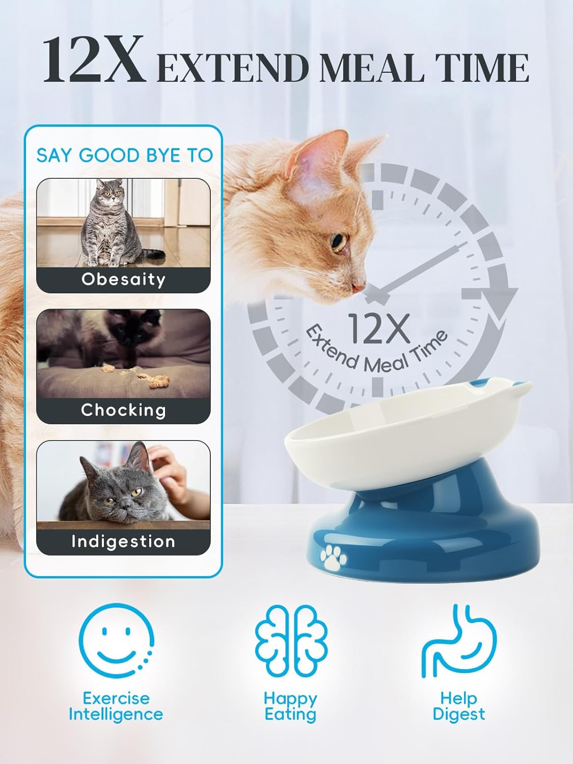 Y YHY Ceramic Cat Slow Feeder, Elevated Dog Food Bowl Tilted Design, Slow Feeder Bowl no Black Chin, Cat Shape for Dry and Wet Food