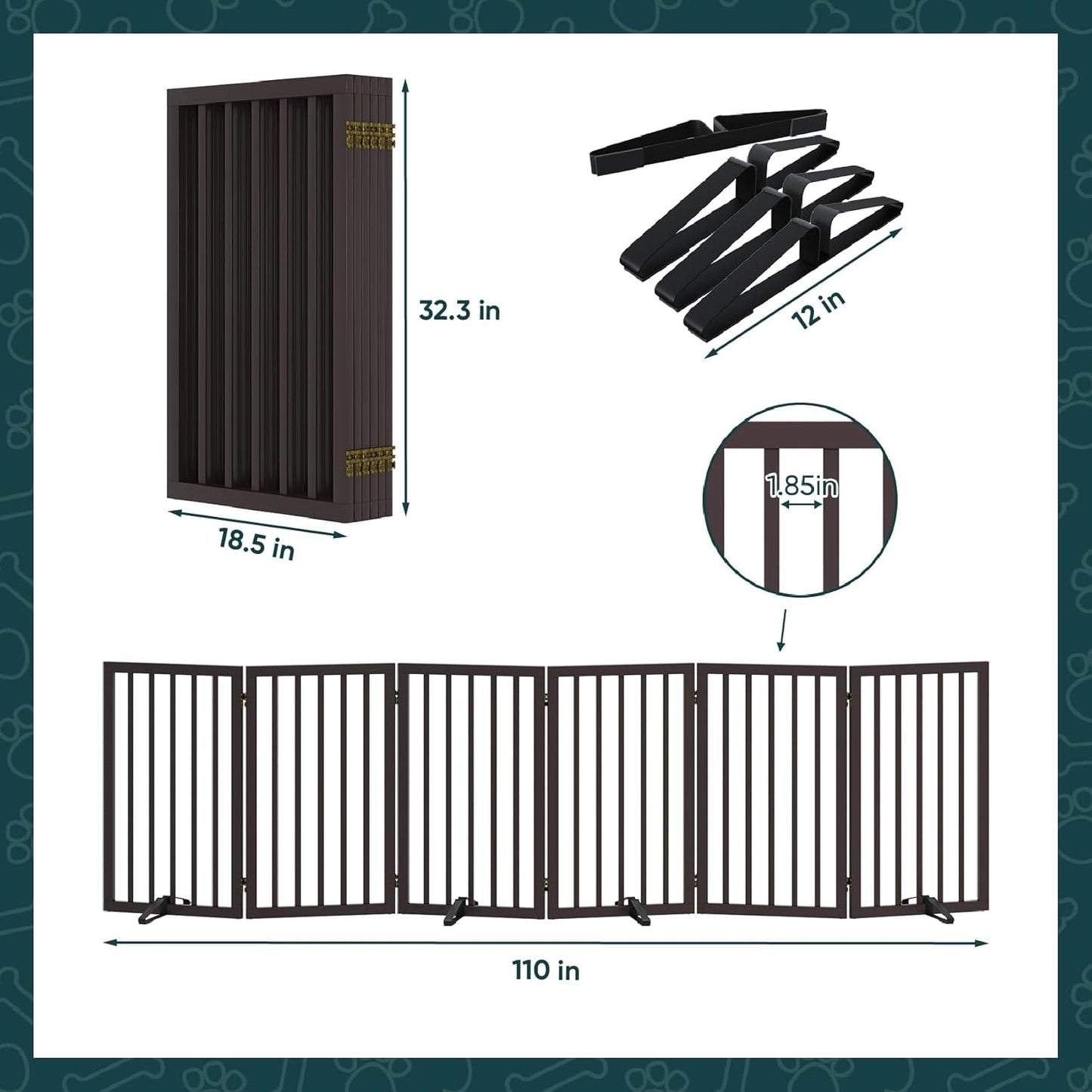 Freestanding Dog Gates Indoor, 3-Panel Pet Gates with 2 Metal Stands and 360° Hinge, 24" H Foldable Dog Gate for Stairs, Doorway, Kitchen, Expands Up to 55" Fully Assembled - Black Walnut