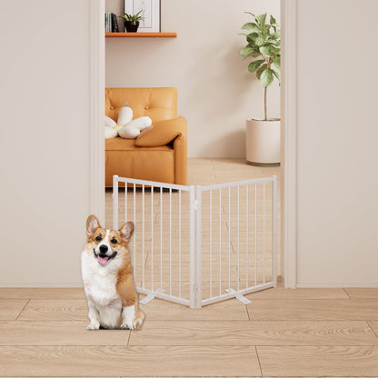4 Panels Full Metal Freestanding Dog Gates with Door, 80” W x 32” H Folding Pet Gate Fence with Support Feet for Indoor,Stairs, Hallways and Doorways(Black)