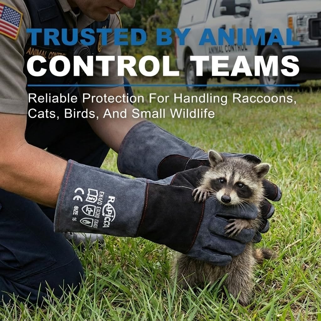 RAPICCA Animal Handling Gloves Bite Proof Double Leather Reinforced Padding Dog,Cat Scratch,Bird Handling Falconry Gloves Grabbing Reptile Squirrel Snake Bite 16in Grey-Black