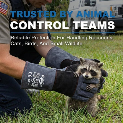 RAPICCA Animal Handling Gloves Bite Proof Double Leather Reinforced Padding Dog,Cat Scratch,Bird Handling Falconry Gloves Grabbing Reptile Squirrel Snake Bite 16in Grey-Black