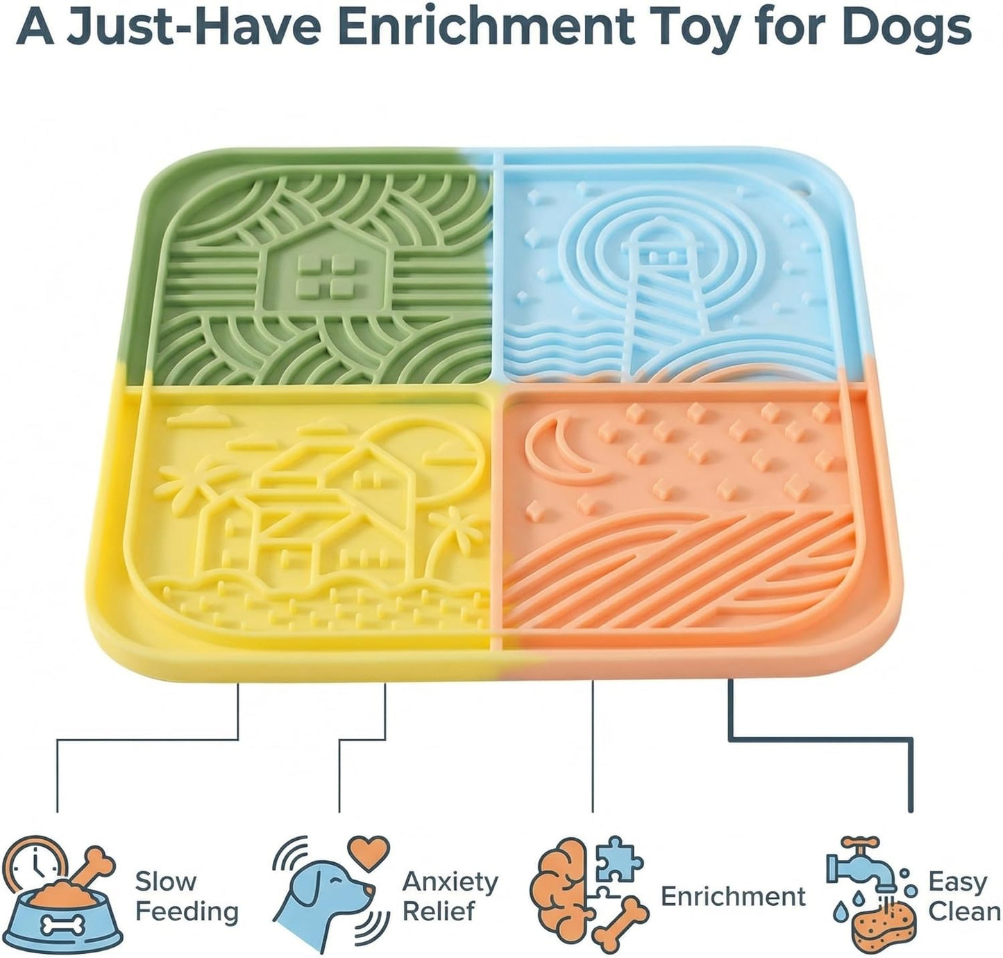 Dog Lick Mat with Suction Cups, 4-Texture Enrichment Slow Feeder for Dogs & Cats, Non-Slip Silicone Licking Pad for Anxiety Relief, Bathing & Training (Green)