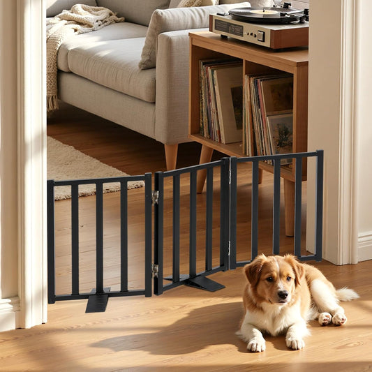 Snagle Paw Short Dog Gate,16.5" Tall Freestanding Metal Dog Gate Only for Small Dogs with Support Feet Easily Step Over,Up to 48" Wide Puppy Gate Indoor for Stairs,Doorways(Black,4 Panel)