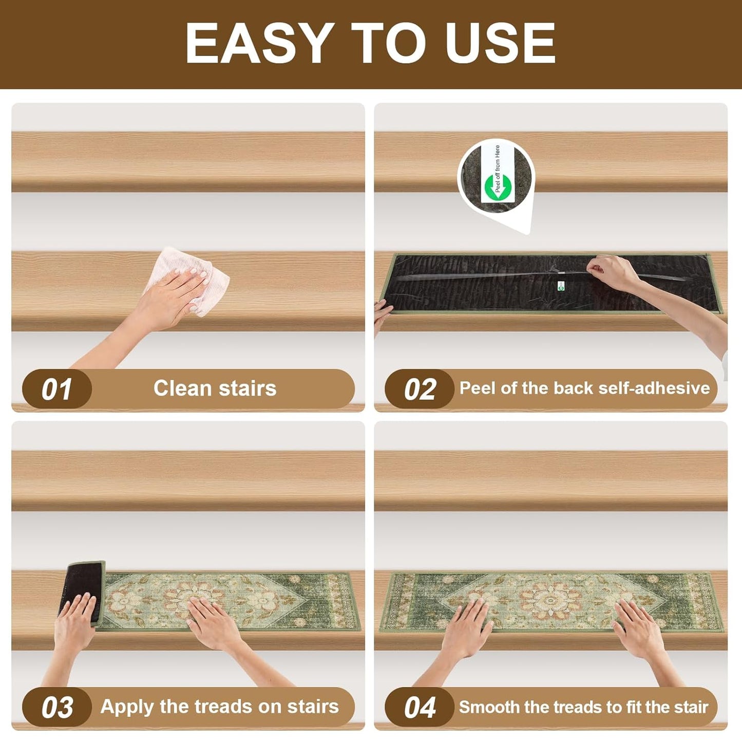 Non Slip Stair Treads for Wooden Steps Indoor, Dark Grey, 15pcs, 30"X8", Soft Carpet Mat, Machine Washable Boho Carpet Treads with Reusable Adhesive Backing, Safety Stair Tread for Dogs, Kids, Elders