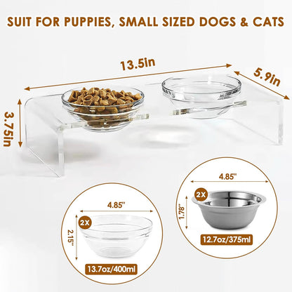 Acrylic Elevated Dog Cat Bowls Pet Feeder Double Bowl Raised Stand Comes with 4 Removable Stainless Steel Bowls. Perfect for Cats Puppies Small Dogs, 3.75 Inch