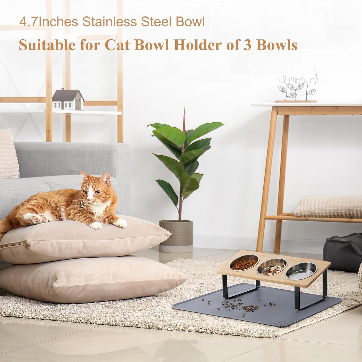 Upgraded Elevated Cat Bowls with Food Mat,15°Tilted Stand Anti Vomiting Raised Cat Dishes for Food and Water,2 Stainless Steel Bowls for Cats and Puppy