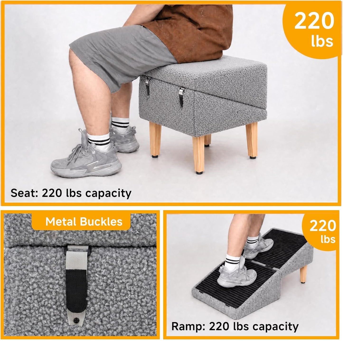 3-in-1 Dog Ramp with Storage 18.9"×17.7"×18.9", Dog Steps Anti-Slip, Foldable Pet Stairs, Ottoman Pet Ramp for Puppy Senior or Injured Dogs & Cats, Supports 220 lbs for Couch & Bed