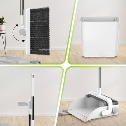 DustDockPro: Broom and Dustpan Set with Trashcan - Long Handle Upright Dust Pan with Teeth Comb, Angled Bristles for Pet Hair Removal, Compact Cleaning Kit for Kitchen Home Tiles Hard Floors