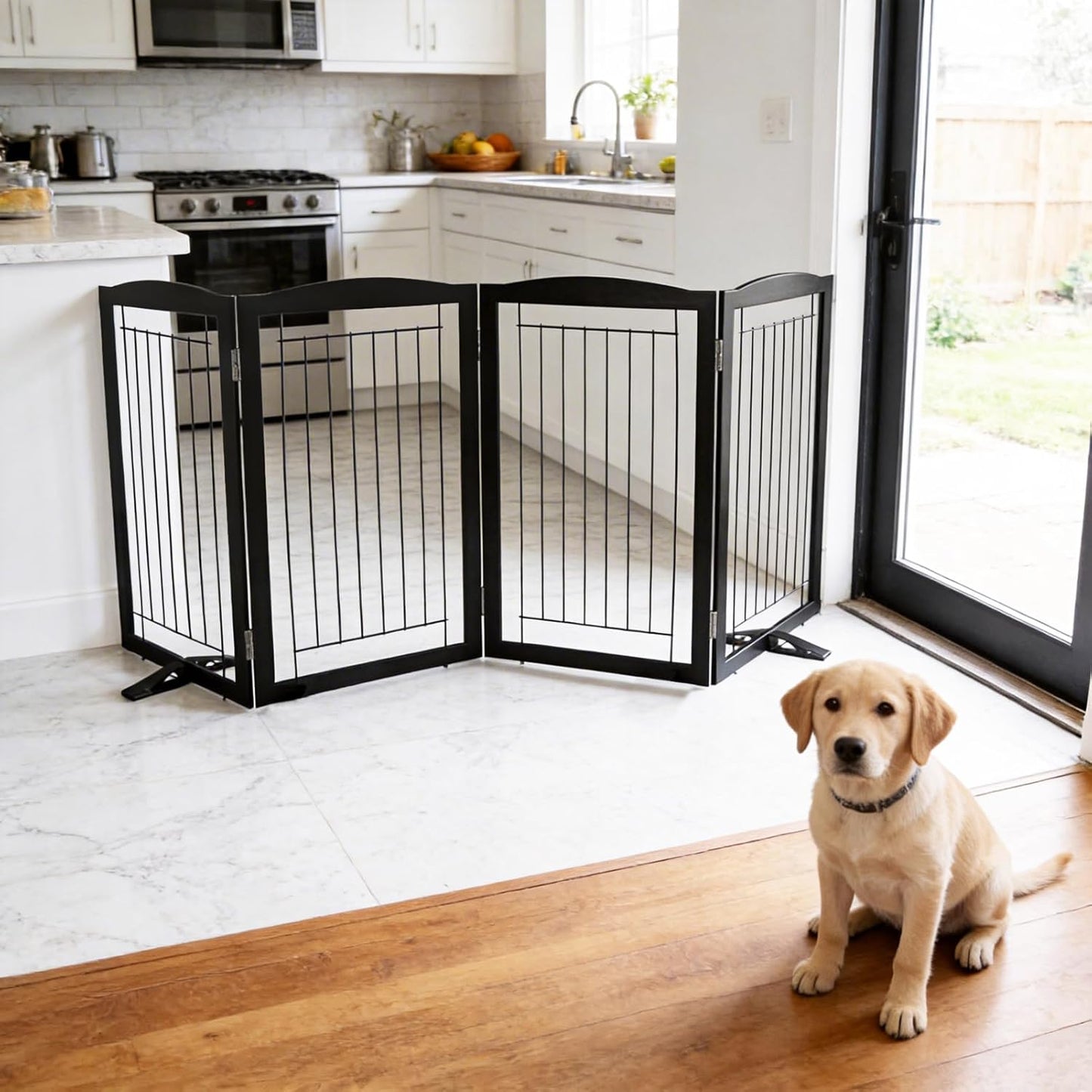 ZJSF Freestanding Dog Fence Indoor, Foldable Dog Gate for Doorways, Stairs or Hallways, Sturdy Wood Extra Wide Pet Gate with Support Feet for The House, White, 24 "Height-3 Panels