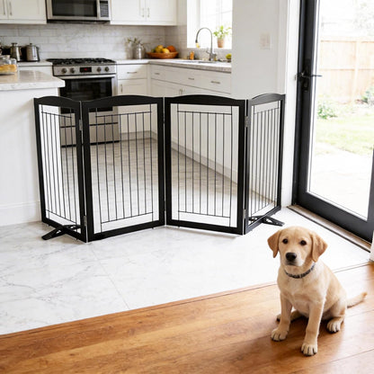 ZJSF Freestanding Dog Fence Indoor, Foldable Dog Gate for Doorways, Stairs or Hallways, Sturdy Wood Extra Wide Pet Gate with Support Feet for The House, White, 24 "Height-3 Panels