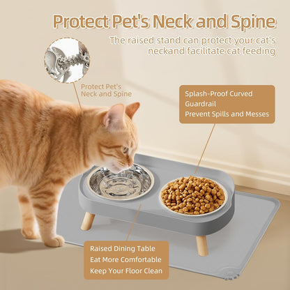 Elevated Cat Bowl, Raised Cat Food and Water Bowl Set for Indoor Cats, Splash Proof with 2 Stainless Steel Pet Food Bowls for Cats and Puppies, Whisker Fatigue and Dishwasher Safe - White