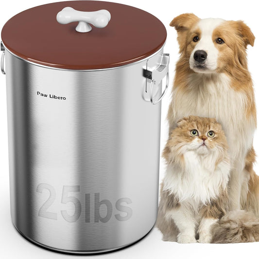 Paw Libero 25 Lbs Stainless Steel Dog Food Storage Container with Airtight Lid & Ceramic Bone Handle, Large Metal Dog Food Bin for Dogs & Cats, Keep Fresh, Easy to Clean