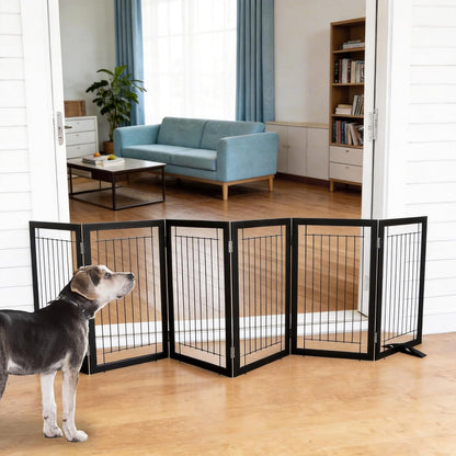 ZJSF Freestanding Dog Gate Indoor, Foldable Dog Fence for Doorways,Hallways or Stairs, Sturdy Wood Extra Wide Pet Gate with Support Feet,Black,24 "Height-3 Panels