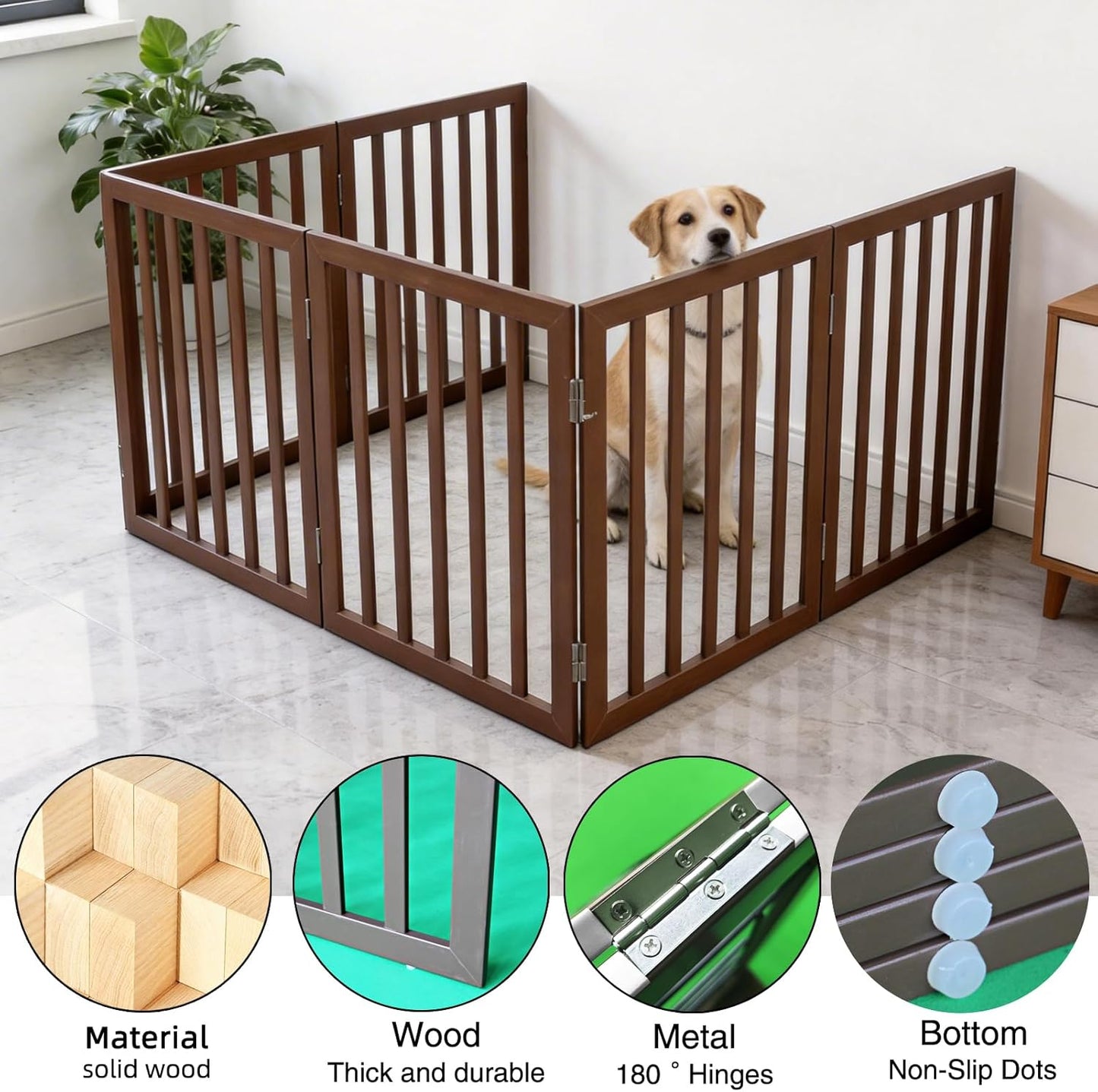 Dog Gate Indoor, Freestanding Dog Fence for The House, Doorways, Hallways,or Stairs,Pet Gate Foldable Wooden,Expandable 24" Height 3 Panels,White