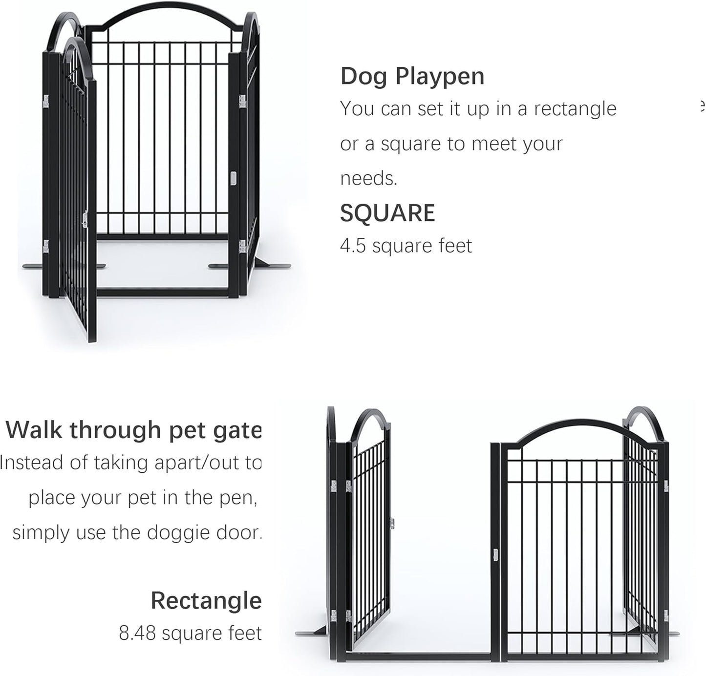 BHG Metal No-Assembly Freestanding Dog Gate with Door Walk Through, Extra Wide 144", Extra Tall 32" Pet Gate, Accordion Puppy Folding Playpen Dog Fence, with 2PCS Support (Black, 6 panesl)