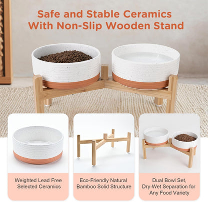 SPUNKYJUNKY Elevated Dog Bowls Ceramic, 6.1'' Dogs and Cat Food Water Bowls Raised with Non-Slip Bamboo Stand for Medium Sized Breed Microwave Dishwasher Safe - 28.7 OZ,Beige