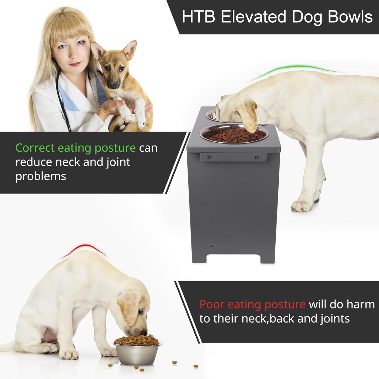 HTB Elevated Dog Bowls,Raised Dog Bowl Stand with 2 Stainless Steel Bowls,Elevated Raised Dog Bowls for Large Medium Small Sized Dogs