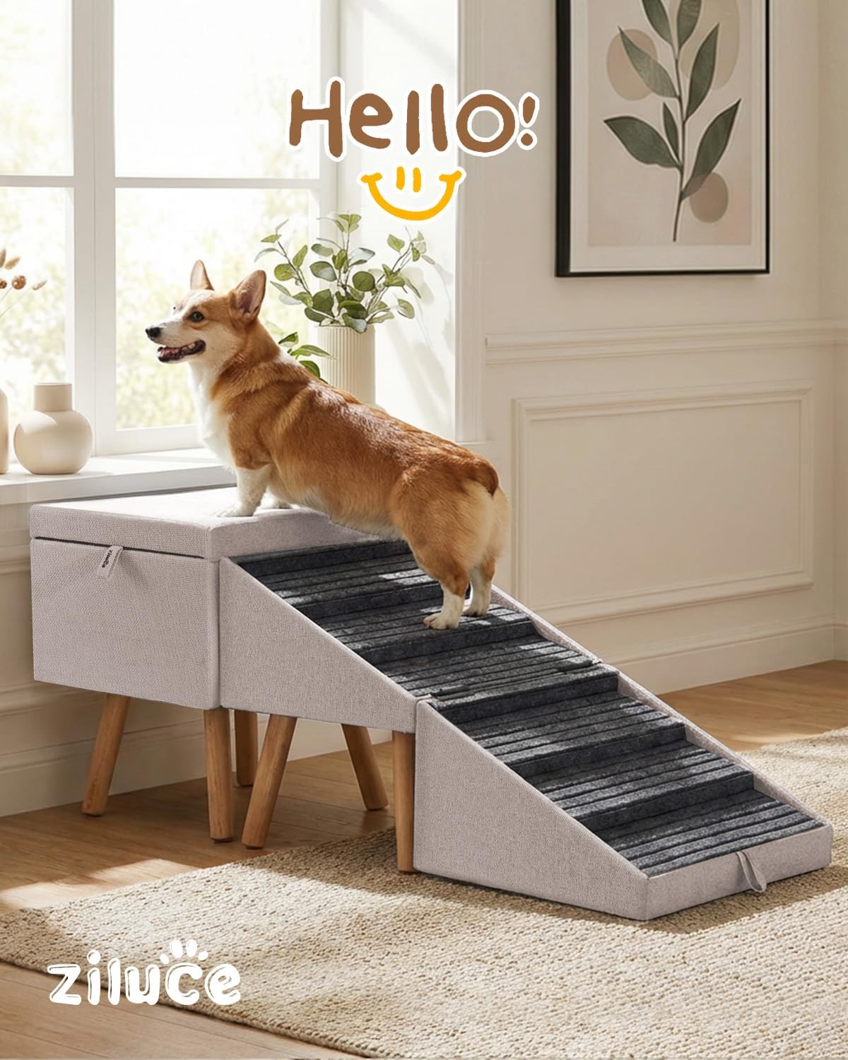 Dog Ramp for Bed & Couch, Dog Stairs 21.06 inches High for Large/Medium/Small Doggie, Foldable 2 in 1 Wooden Pet Steps for Puppy Older and Injured Dogs, Split Ottoman Design, No-Slip Surface