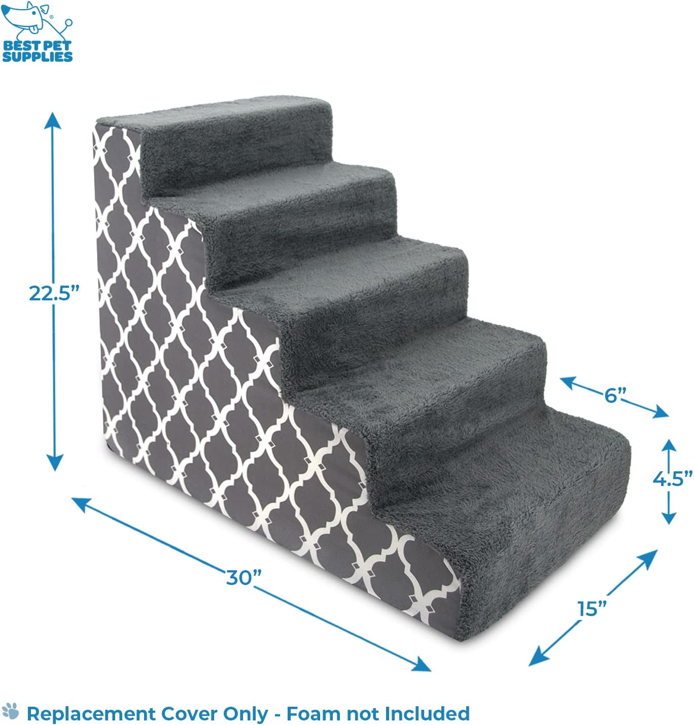 Best Pet Supplies Foam Pet Steps Cover for Small Dogs and Cats, Portable Ramp Stairs for Couch, Sofa, and High Bed Climbing (Cover Only) - Ash Gray Linen, 3-Step (Cover Only)