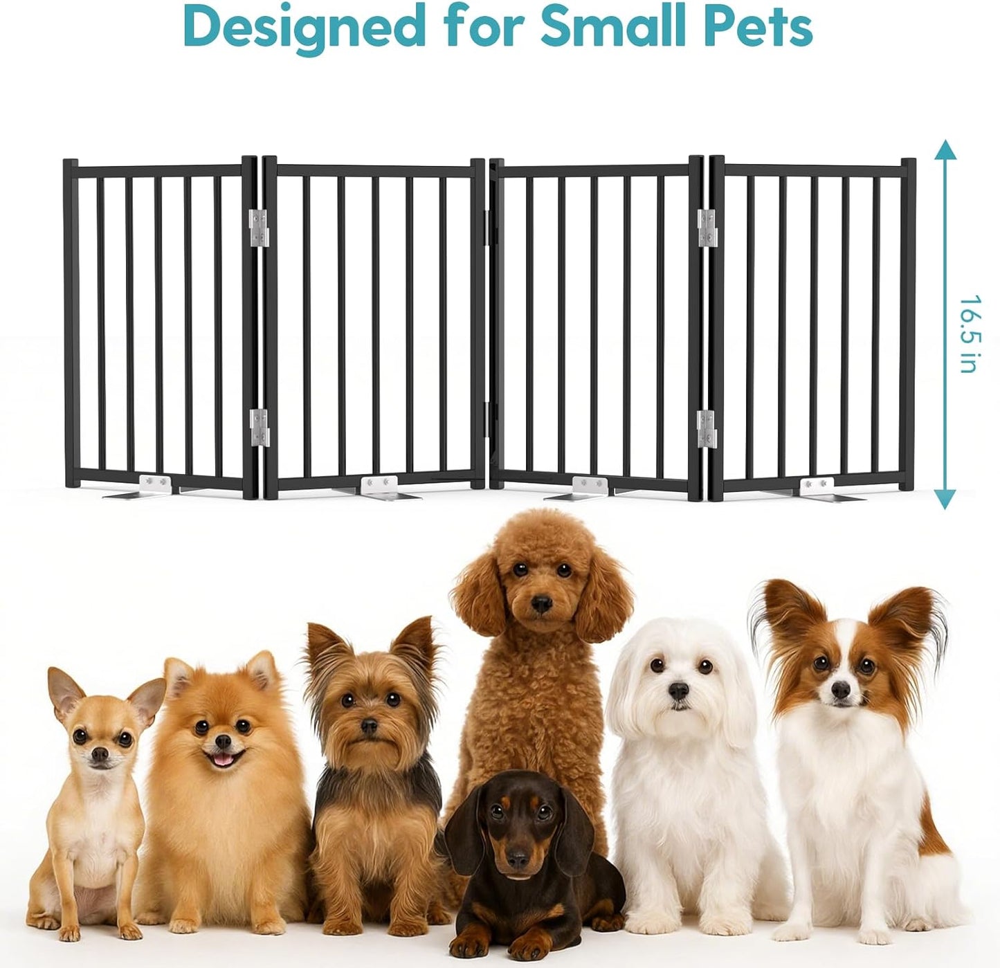 No Pawblems Free Standing Short Dog Gate, 16.5'' Tall Foldable Dog Fence for Indoor & Outdoor, Up to 72 Inch Extra Wide Puppy Gate for Stairs, Hallways, Doorways, Deck, Yard (White, 6 Panels)