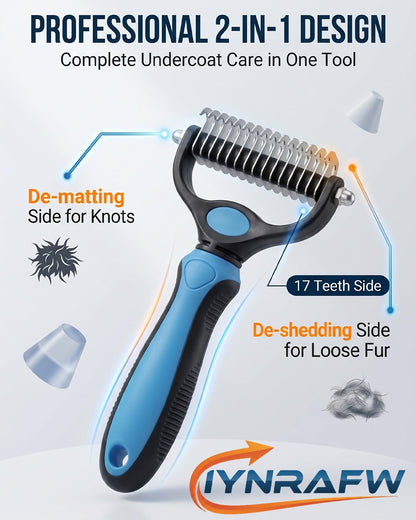 Pet Pro Grooming Tool Dual Tooth Pet Grooming Comb Undercoat Rake for Dogs Cats Long Hair Deshedding Tool Dematting Brush Double Sided Stainless Steel Teeth Remover Mats Tangles Loose Fur