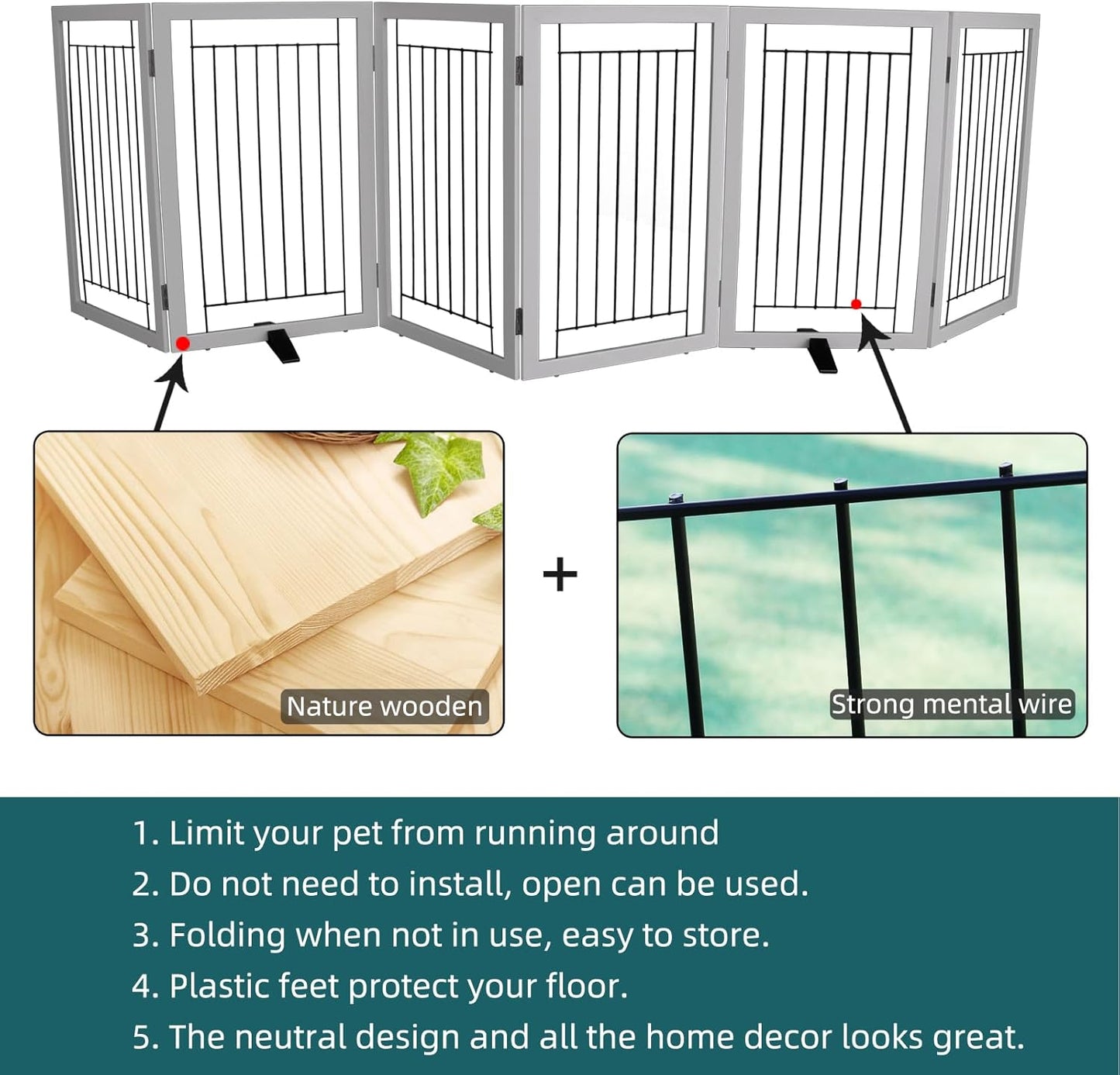 ZJSF Freestanding Dog Gate Indoor, Foldable Dog Fence for Doorways,Hallways or Stairs, Sturdy Wood Extra Wide Pet Gate with Support Feet,Black,24 "Height-3 Panels