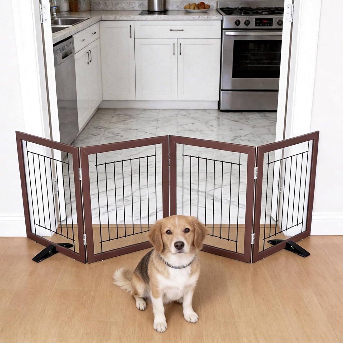 ZJSF Freestanding Dog Gate Indoor, Foldable Dog Fence for Doorways,Hallways or Stairs, Sturdy Wood Extra Wide Pet Gate with Support Feet,Black,24 "Height-3 Panels