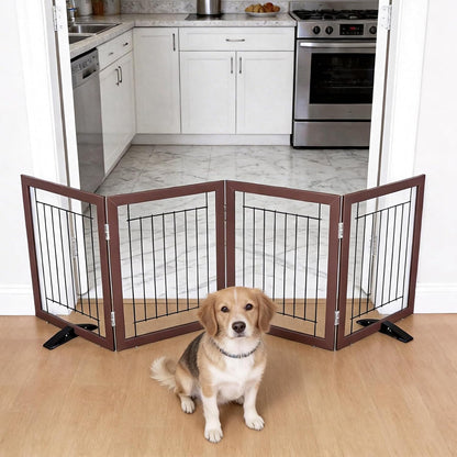 ZJSF Freestanding Dog Gate Indoor, Foldable Dog Fence for Doorways,Hallways or Stairs, Sturdy Wood Extra Wide Pet Gate with Support Feet,Black,24 "Height-3 Panels