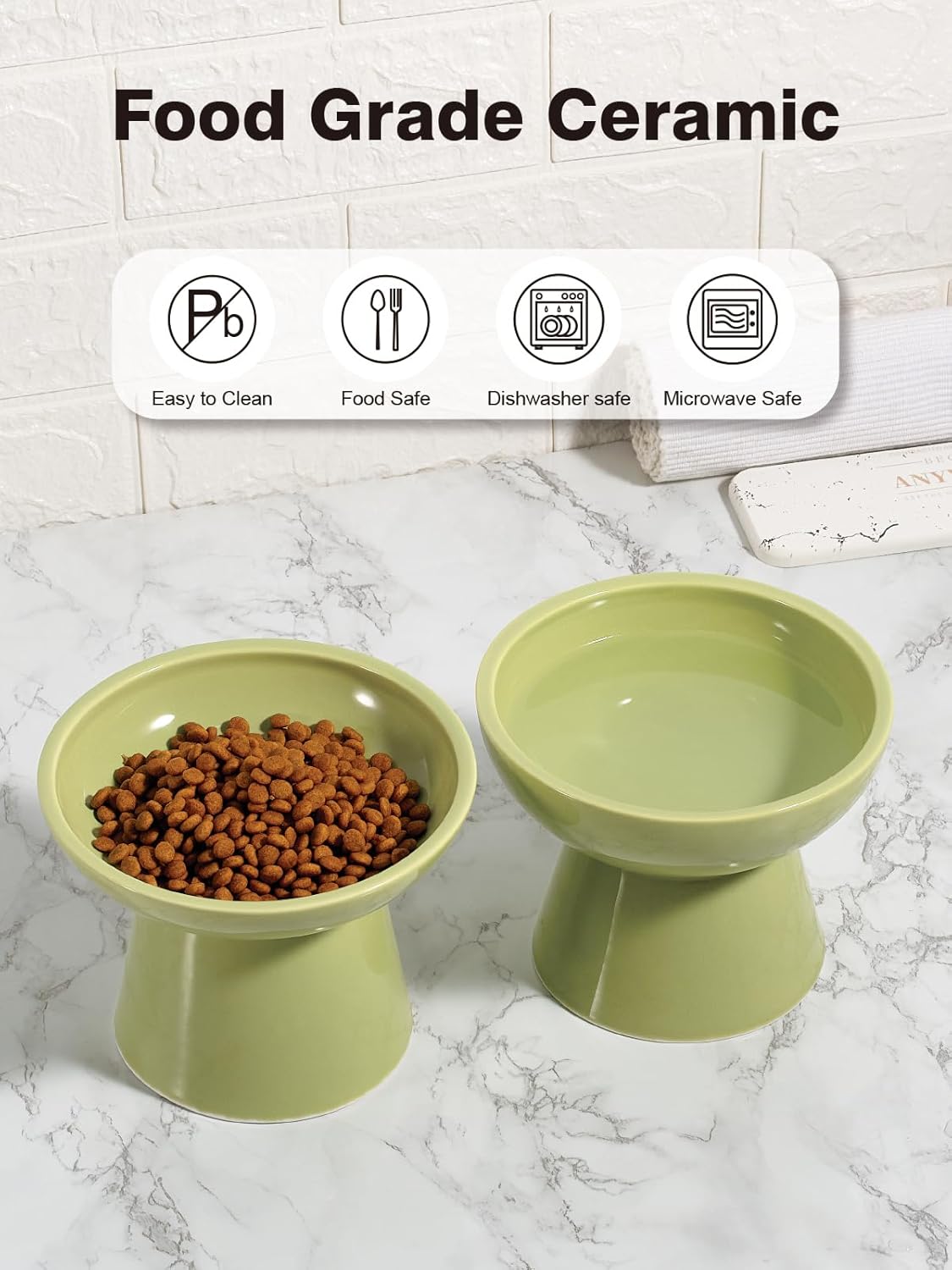 LoeJan Elevated Cat Food and Water Bowls Set, Extra Wide and Raised Ceramic Bowls, Anti-Vomit Whisker-Free Pressure Cat Feeder for Kittens to Adult Cats and Small Dogs (White, Water Bowl)