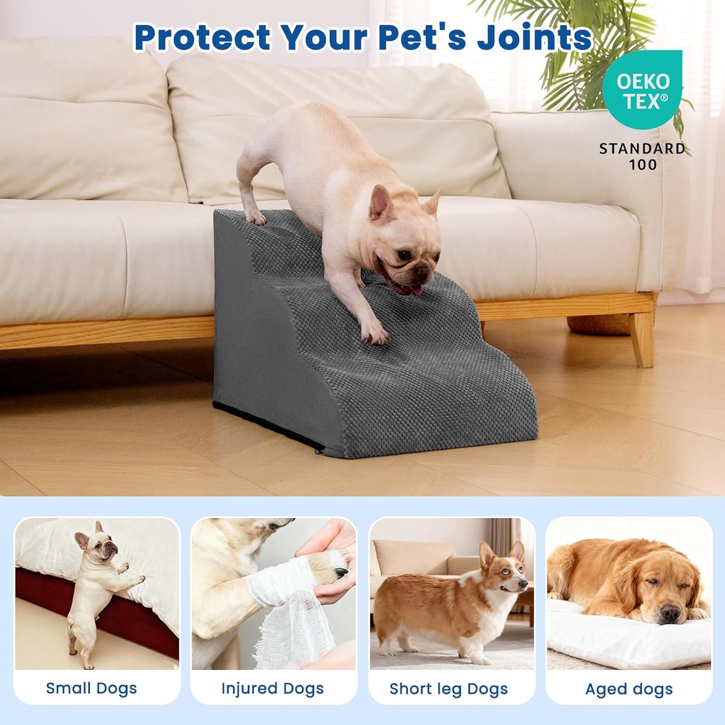 Airpanda Dog Stairs for Small Dogs and Cats – 3 Step Pet Ramp for Couch & Sofa, Non-Slip Dog Steps for Pets, Washable Cover, High-Density Support Foam for Easy Climbing,Beige