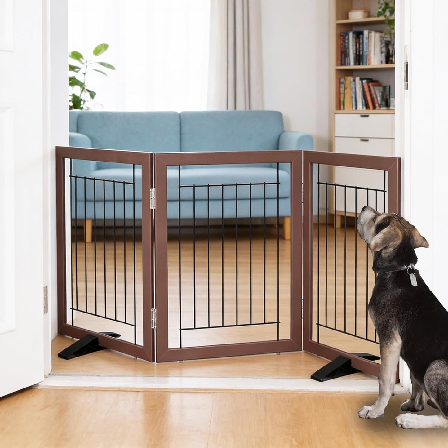 ZJSF Freestanding Dog Gate Indoor, Foldable Dog Fence for Doorways,Hallways or Stairs, Sturdy Wood Extra Wide Pet Gate with Support Feet,Black,24 "Height-3 Panels
