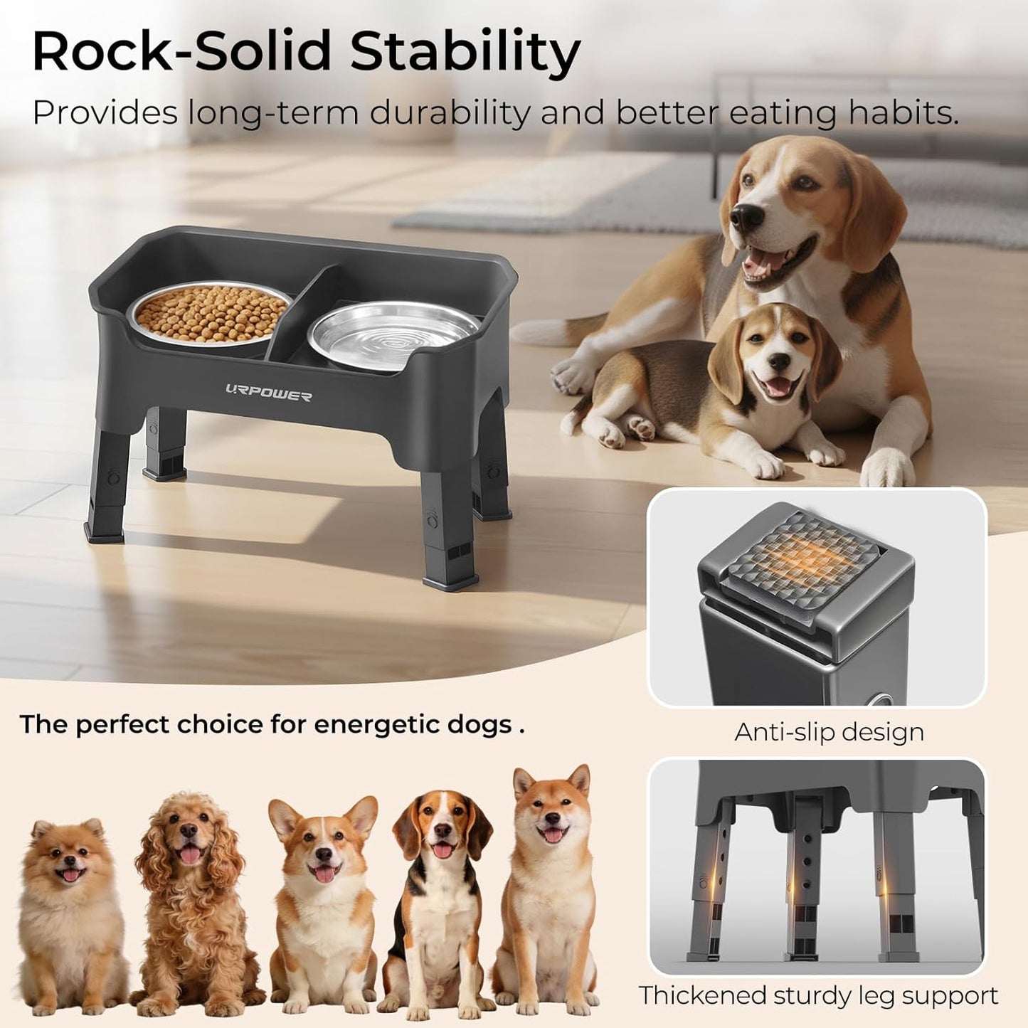 URPOWER 3-in-1 Elevated Dog Bowls - Mess Proof Double Deck 4 Height Adjustable Raised Stand with 2 Stainless Steel Food Bowls & Licking Plate for Small, Medium & Large Dogs