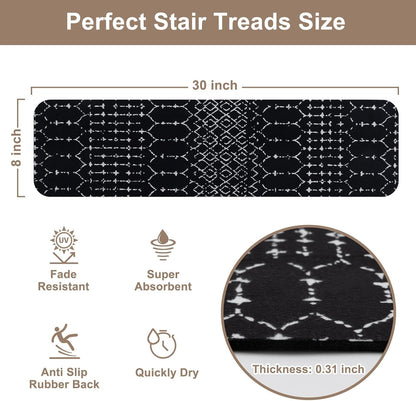 OJIA Boho Stair Treads Non-Slip Stair Runners for Wooden Steps Indoor 15PCS 30"x8" Washable Carpet Stair Treads Stair Mats Staircase Step Treads for Kids, Elders and Dogs, Stair Covers, Black