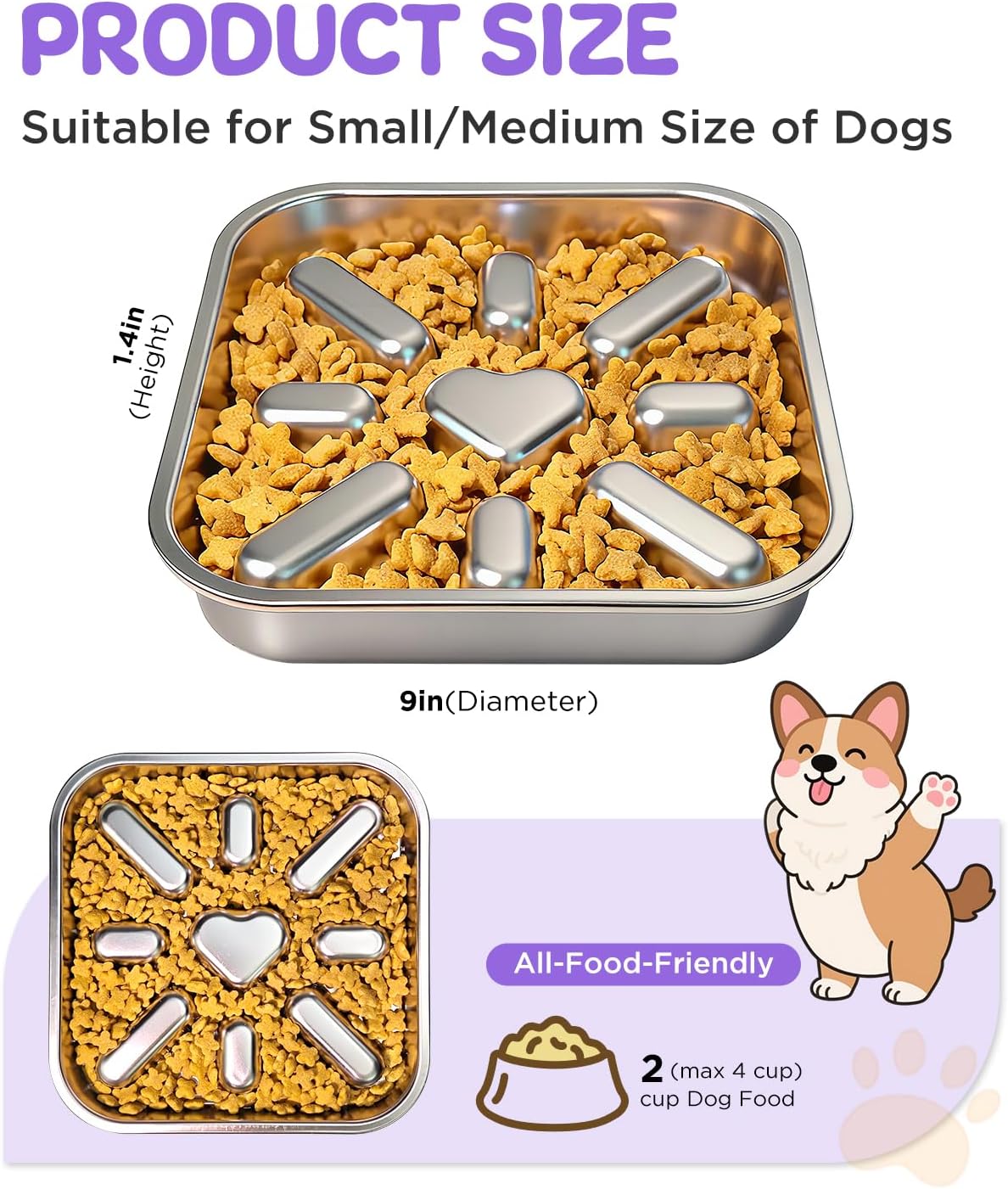 Slow Feeder Dog Bowls with Non-Slip Mat, Stainless Steel Metal Slow Feeder for Small & Medium Dogs, 2 Cups Pet Bowl for Fast Eaters, Slows Down Eating, Dishwasher Safe, Anti-Gulping Dog Bowl