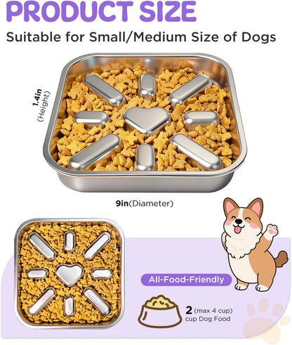 Slow Feeder Dog Bowls with Non-Slip Mat, Stainless Steel Metal Slow Feeder for Small & Medium Dogs, 2 Cups Pet Bowl for Fast Eaters, Slows Down Eating, Dishwasher Safe, Anti-Gulping Dog Bowl