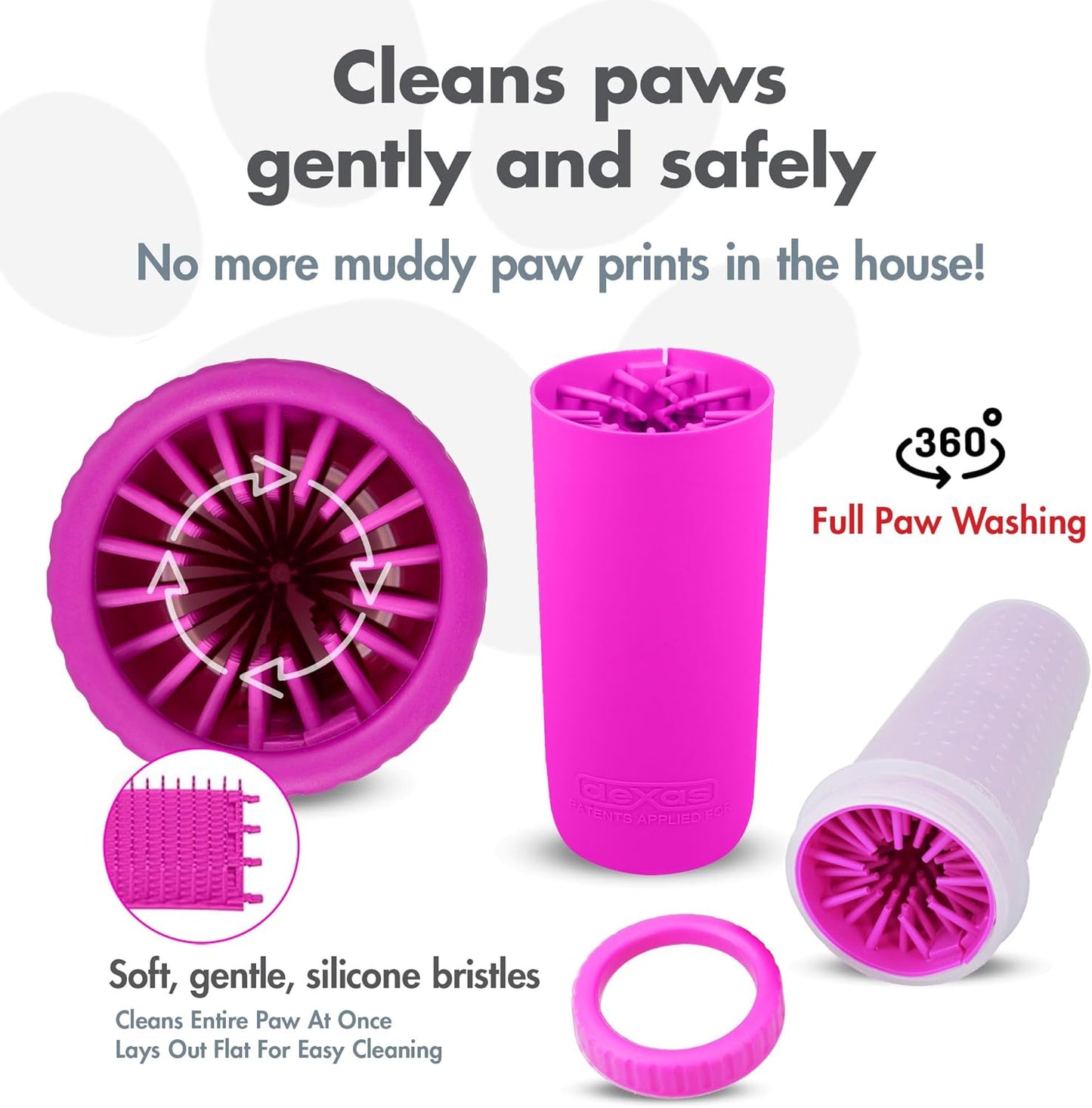 Dexas MudBuster Medium Dog Paw Cleaner in Fuchsia - Fits 1.5"-2.5" Wide Paws, Portable Paw Washer for Muddy Paws, Dog Paw Cleaning Cup with Gentle Silicone Bristles, Quick Clean Pet Paw Washer