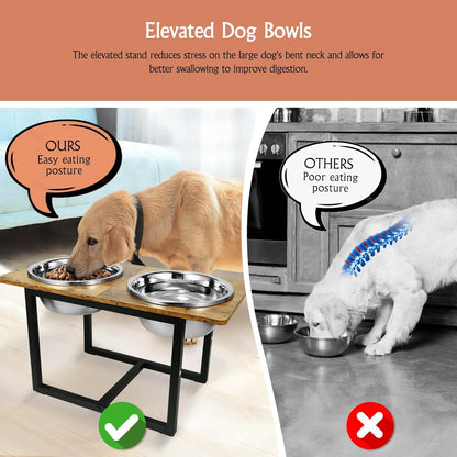 Spacnom Elevated Dog Bowls for Large Dogs, Raised Dog Bowl Stand with Two X-Large Stainless Steel Bowls for Dogs, 3.5L Capacity, Rustic Walnut
